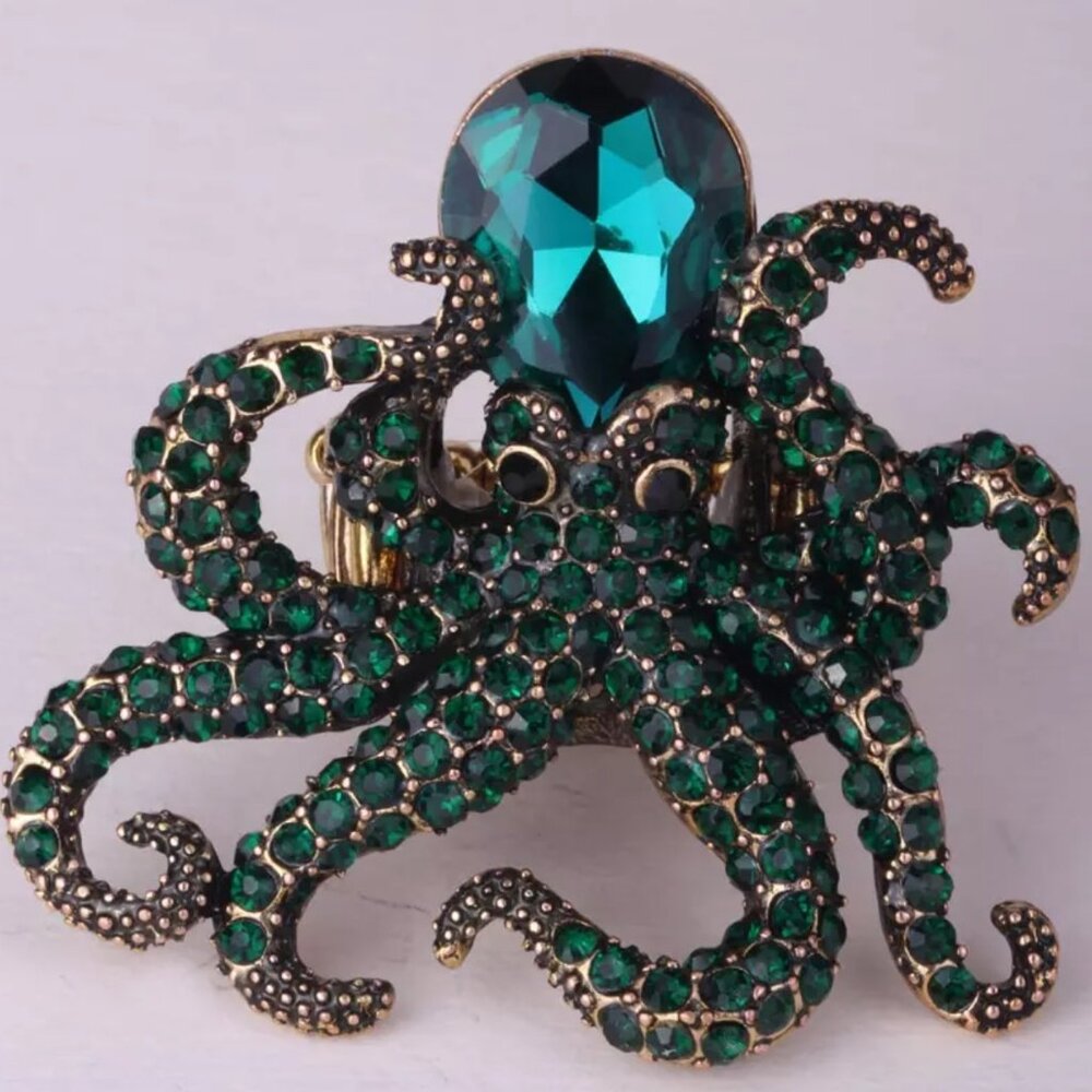 Emerald Green Crystal Octopus Statement Ring In A… - image 1